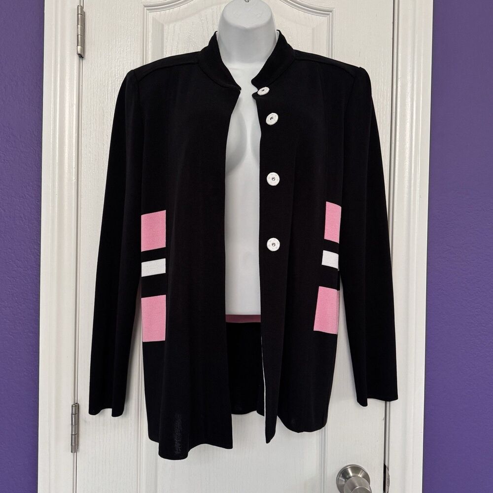 Misook Black Color Block Knit Hidden Button Cardigan Sweater Women’s Size Large